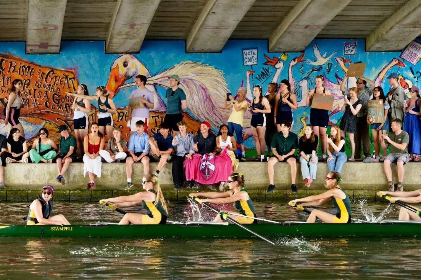 St Peter's women's crew rowing under a bridge past cheering spectators and a goose mural